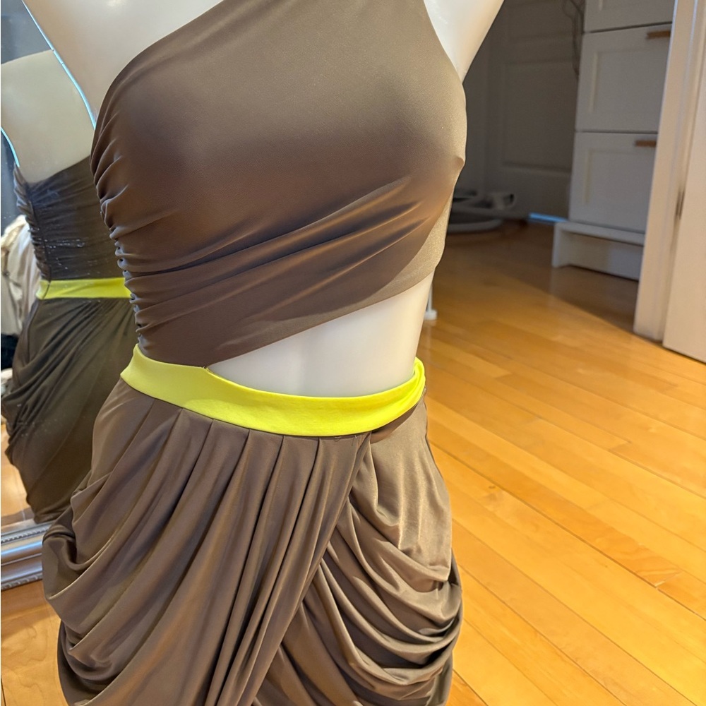 Bebe Y2K One-Shoulder Cutout Dress with Neon Waistband